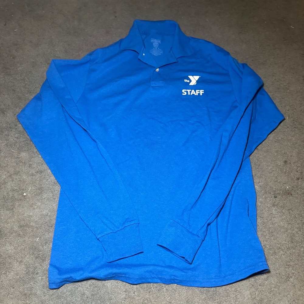 Jerzees YMCA Staff Long Sleeve Polo Shirt Blue SpotShield Mens Medium